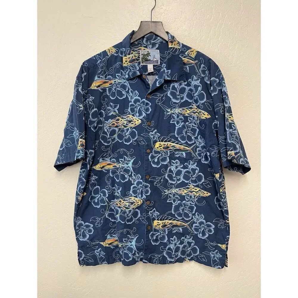 AFTCO Shirt Mens XL Blue Water Fish Casual Button Up Short Sleeve